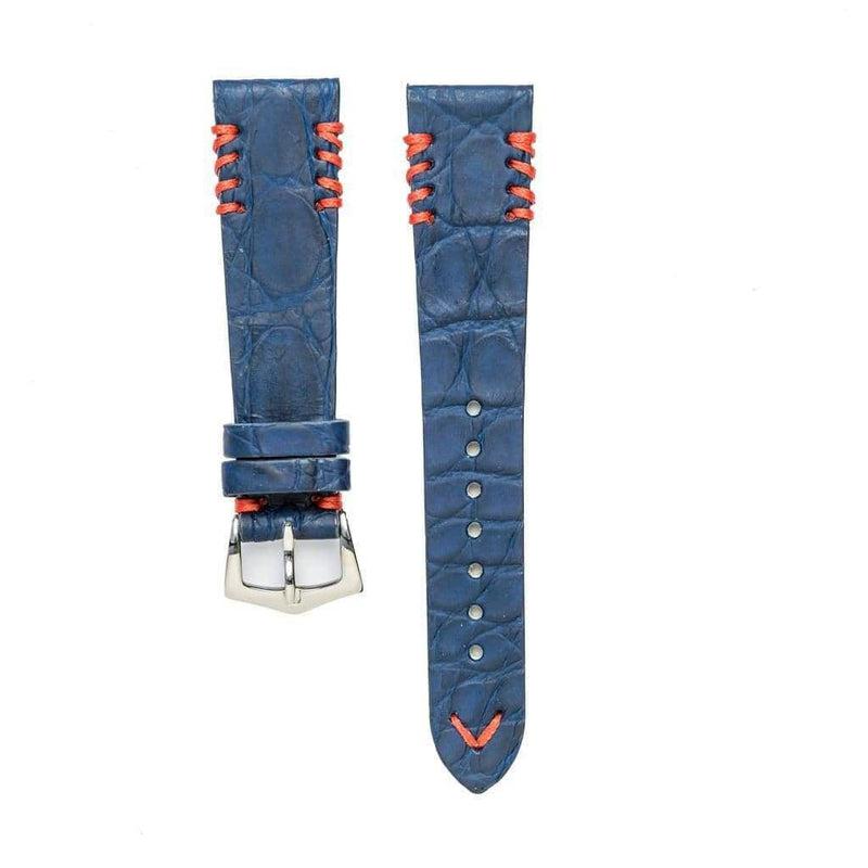 Vintage Blue Crocodile Watch Strap with Red Tribal Stitches | Made In Italy