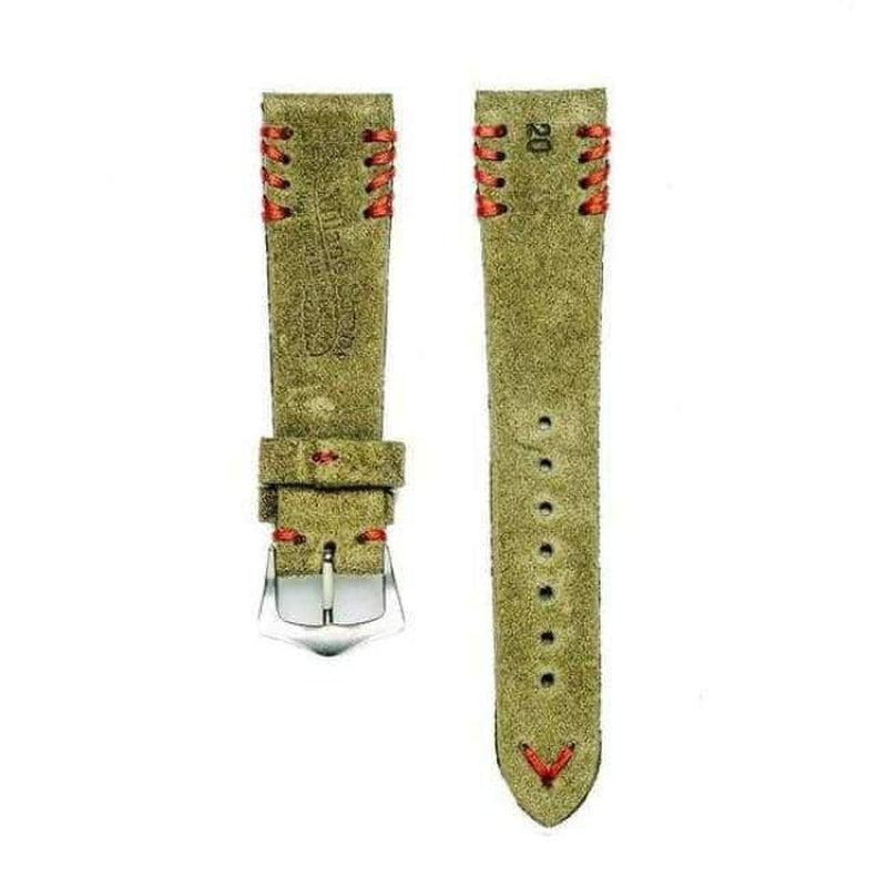 Military Green Suede Vintage Watch Strap Tribal Red Stitches - Image 4