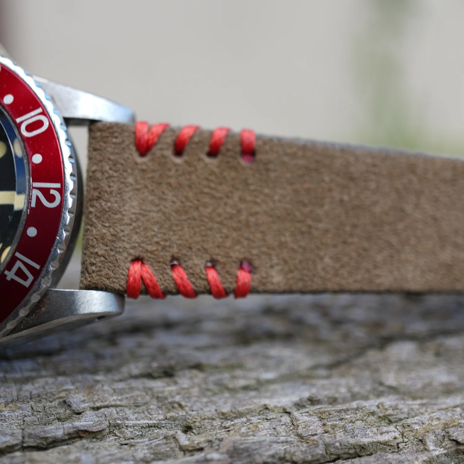 Military Green Suede Vintage Watch Strap Tribal Red Stitches - Image 5