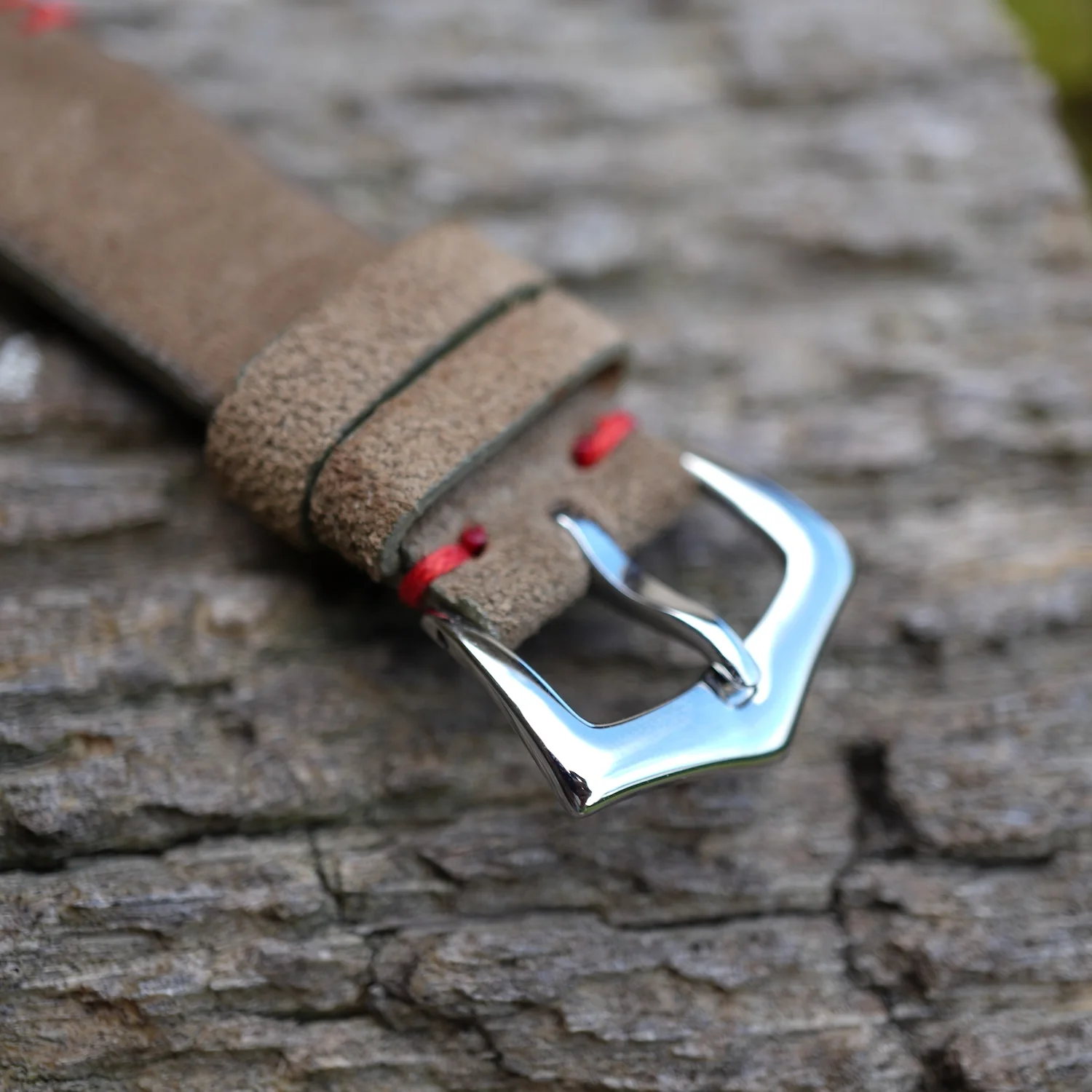 Military Green Suede Vintage Watch Strap Tribal Red Stitches - Image 6