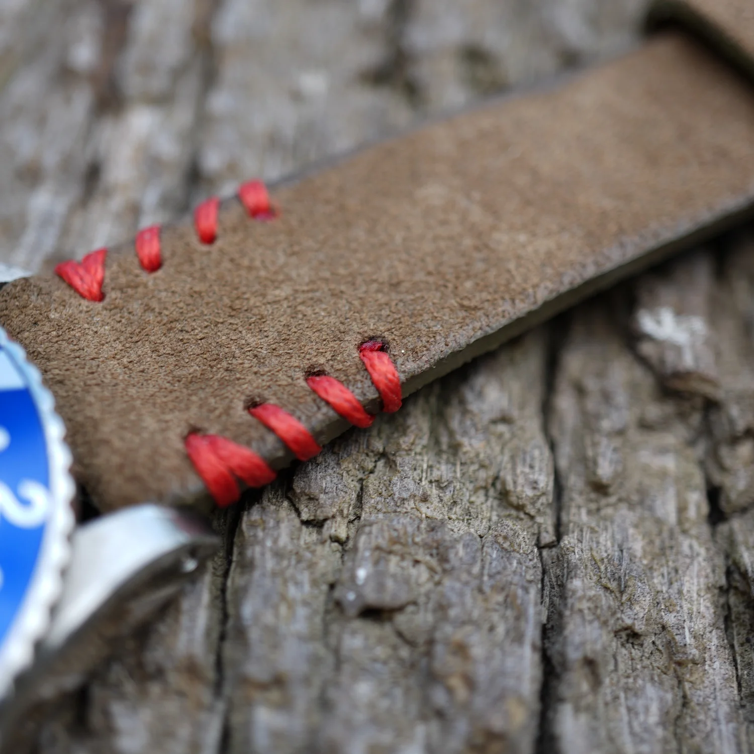 Military Green Suede Vintage Watch Strap Tribal Red Stitches - Image 9