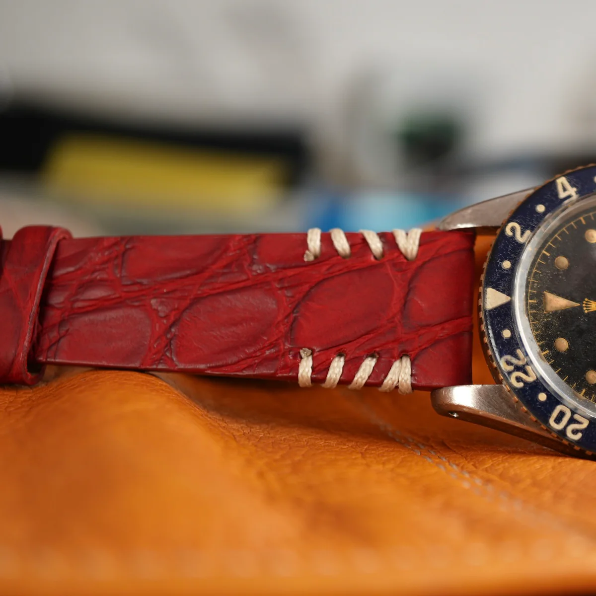 Vintage Red Crocodile Watch Strap with White Tribal Stitches | Handmade in Italy - Image 6